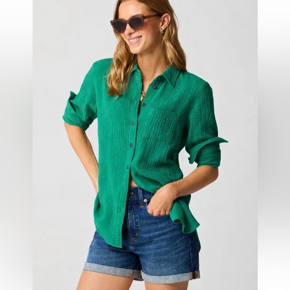 J. Crew Tops - J. Crew Double Gauze Button Down Long Sleeve Shirt Green small